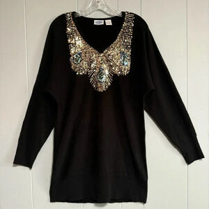 DG2 DIANE GILMAN Black Dolman Sleeve Sequin Peacock Sweater Dress Tunic …